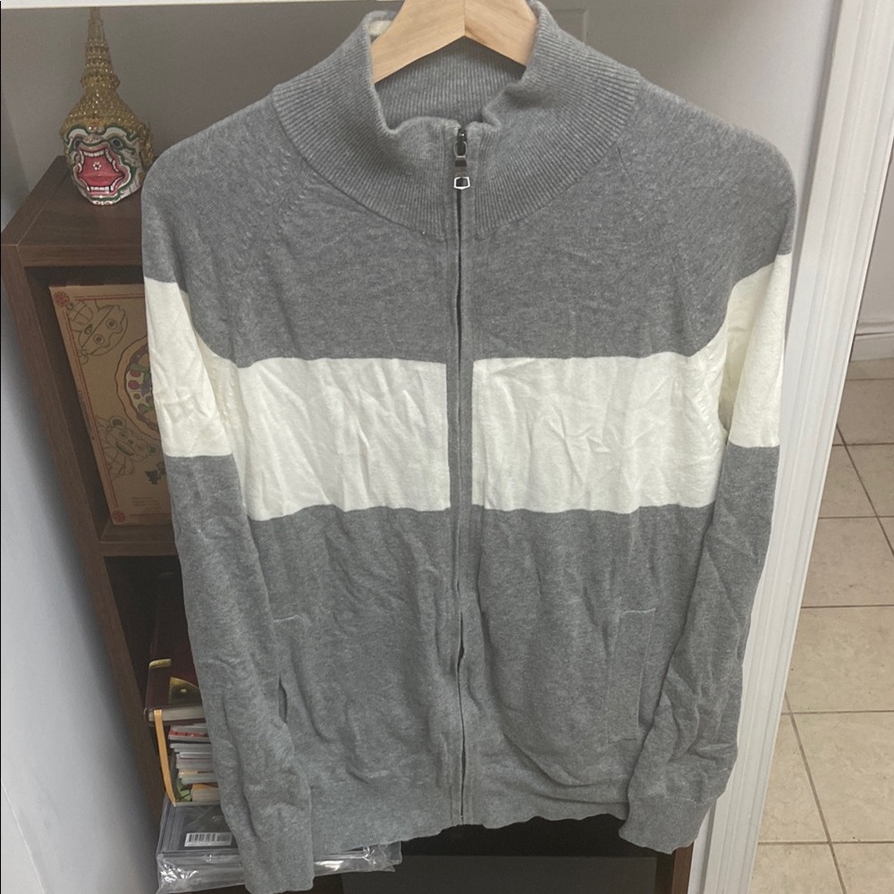 Banana Republic Gray and White Men's Zippered Sweater